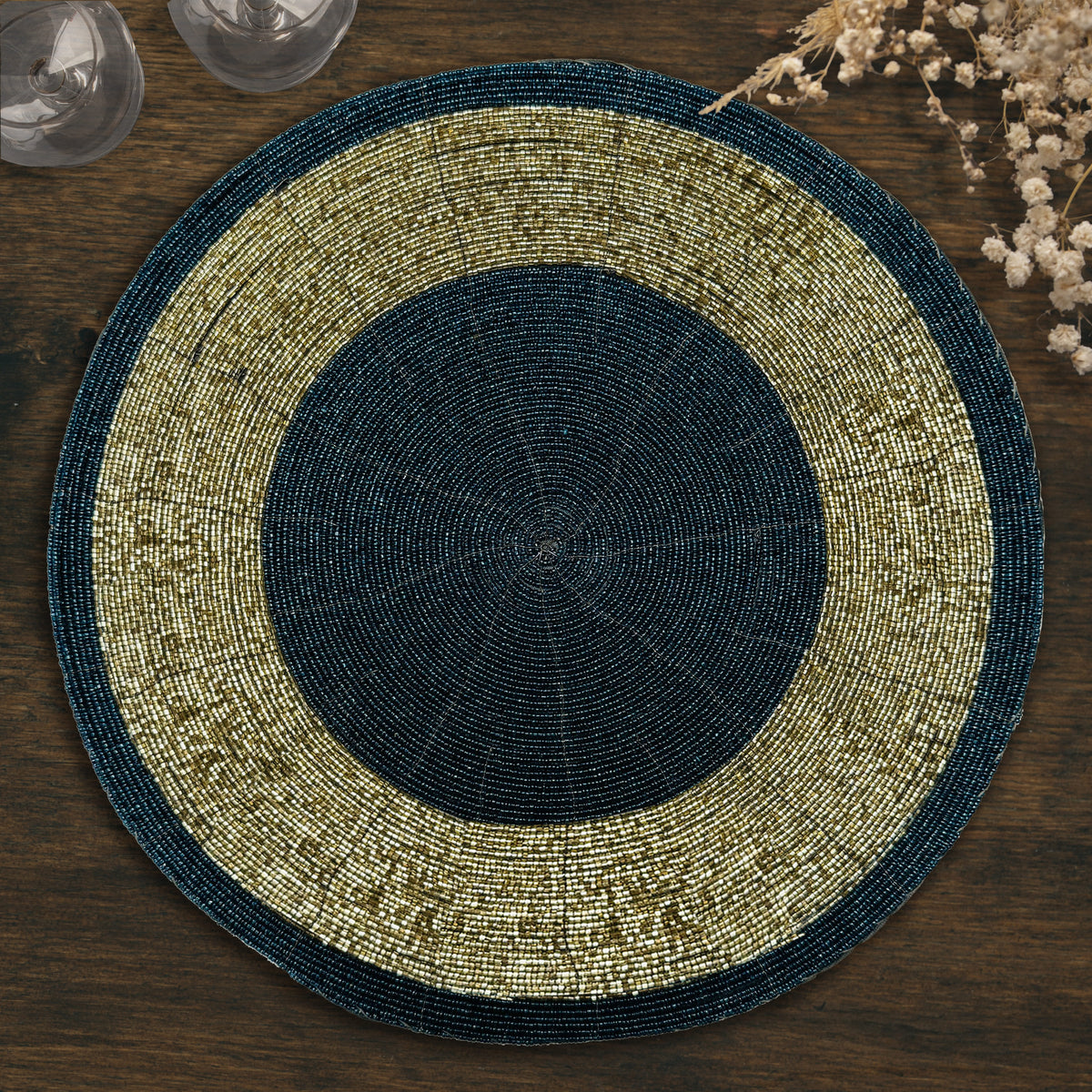 Decozen Round Beaded Placemats - Dark Blue and Gold, Set of 4 -14 Inches - Durable, Scratch & Heat Resistant Tablemats for Dining Table, Kitchen Decor Charger