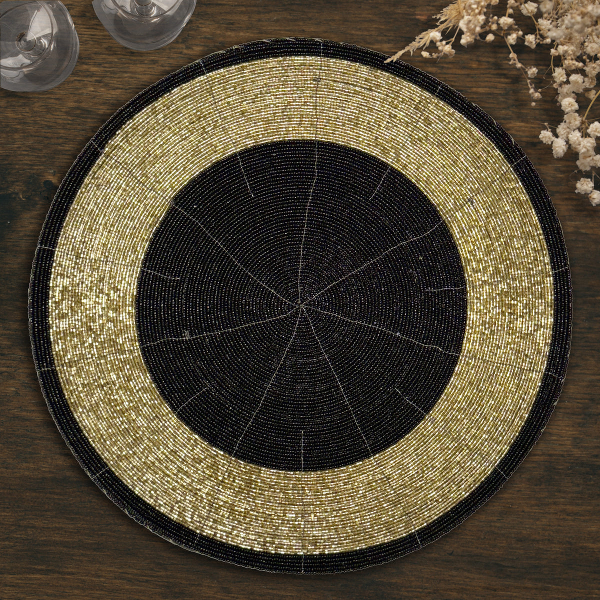 Decozen Round Beaded Placemats - Black and Gold, Set of 16 - 14 Inches - Durable, Scratch & Heat Resistant Tablemats for Dining Table, Kitchen Decor Charger