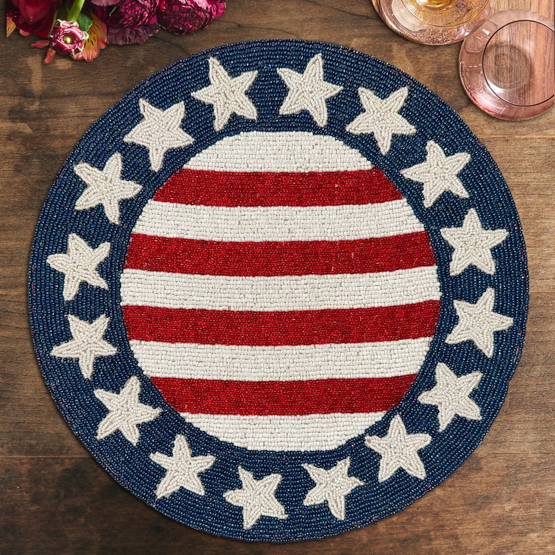 USA Flag Round Beaded Placemats - Set of 2