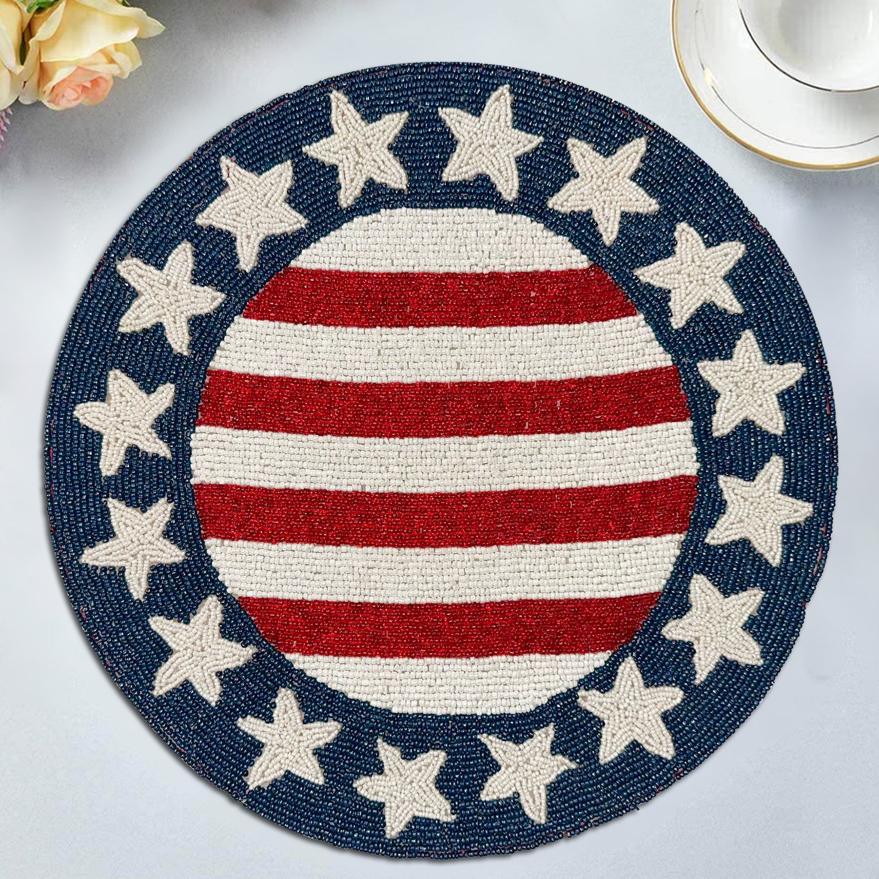 USA Flag Round Beaded Placemats - Set of 2