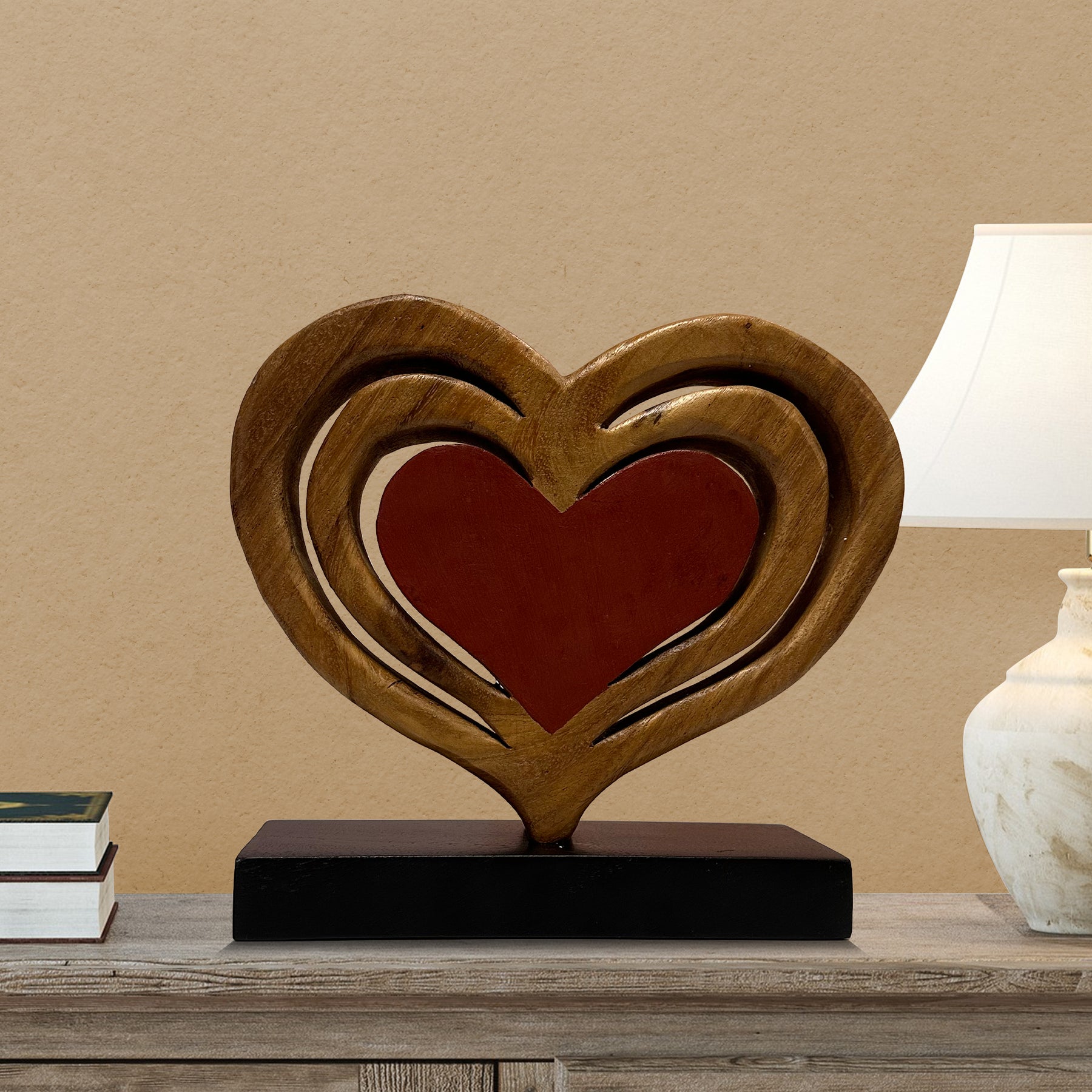 Decozen Home Decor Handmade Wooden Sculpture in Hearts Shape