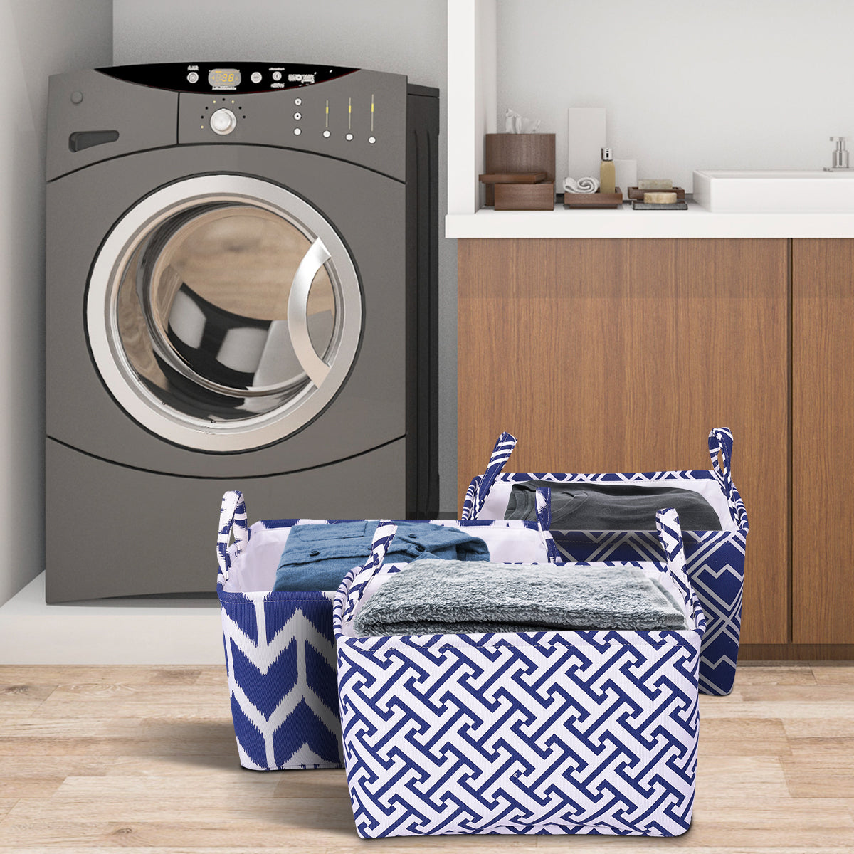 Blue White Laundry Hamper and Storage Bin - Set of 3 - Decozen