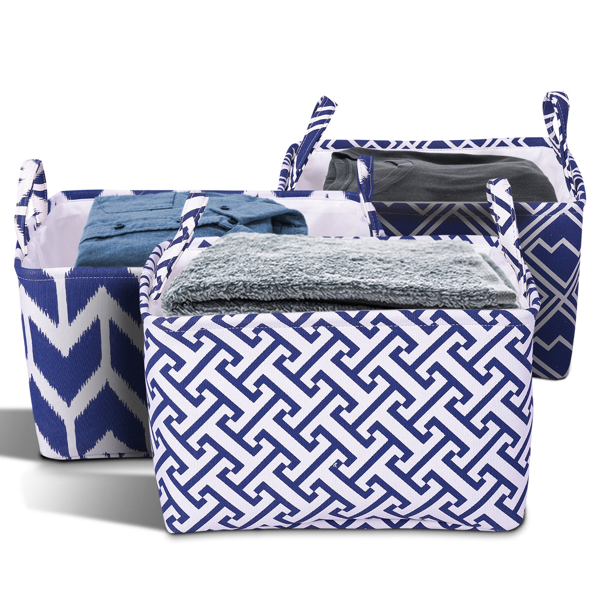 Blue White Laundry Hamper and Storage Bin - Set of 3 - Decozen