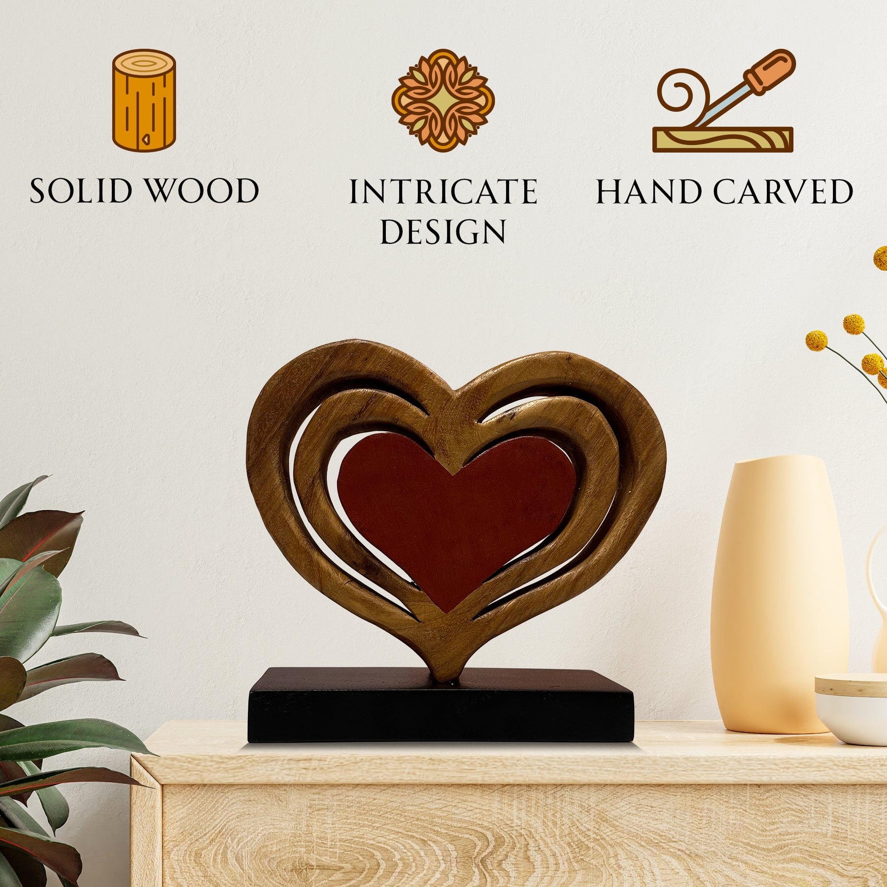 Decozen Home Decor Handmade Wooden Sculpture in Hearts Shape