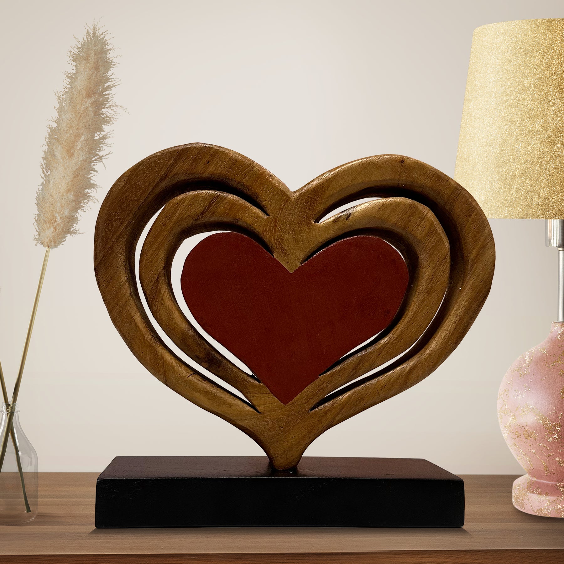 Decozen Home Decor Handmade Wooden Sculpture in Hearts Shape