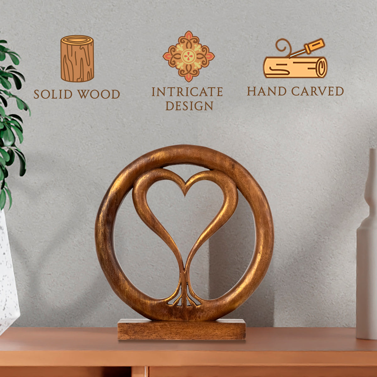 Decozen Handcrafted Solid Wood Heart Sculpture - Unique Gift from Daughter, Son, Husband - Perfect for Home, Mantel, Fireplace, and Foyer Decor - Tabletop Accent