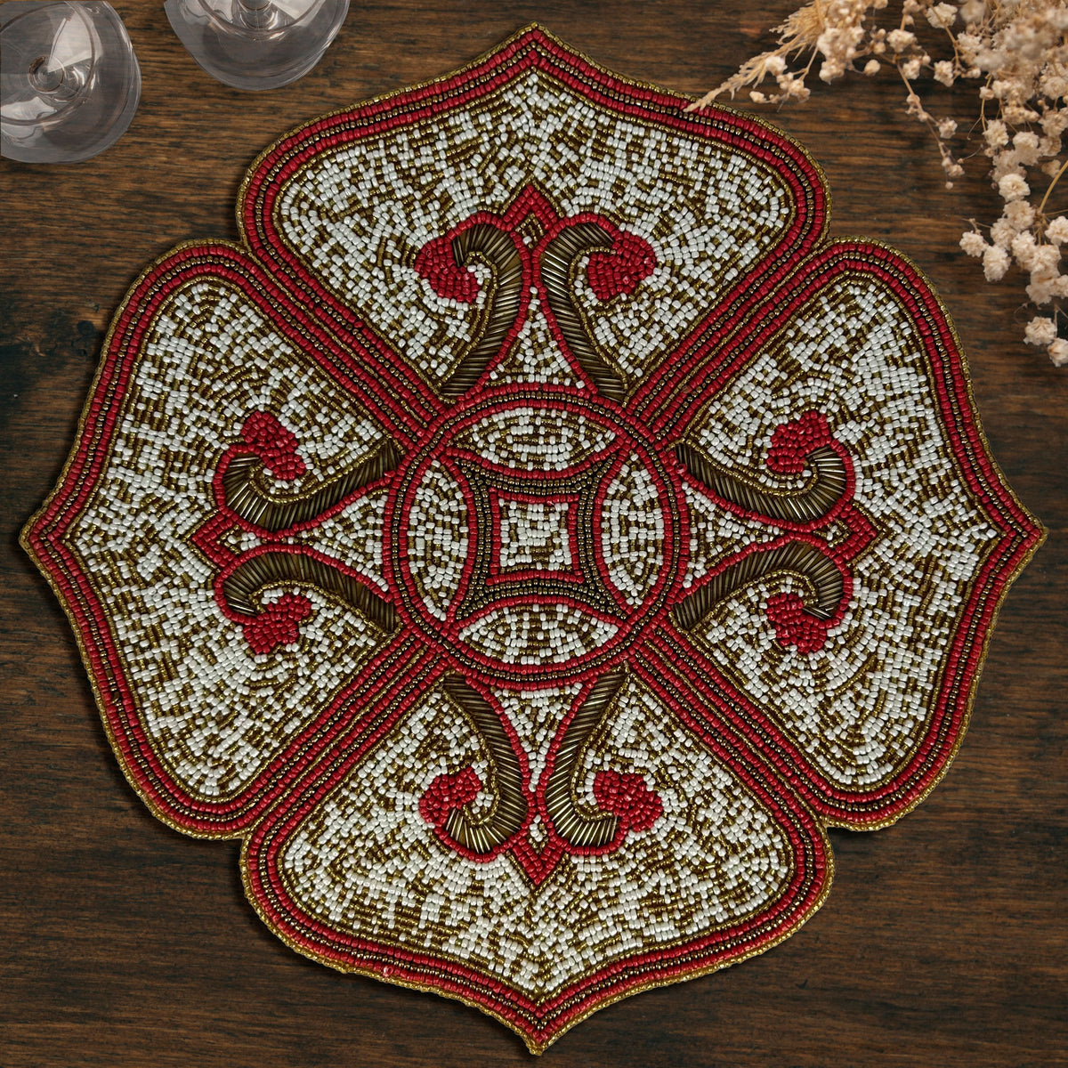 Gold Red White Beaded Placemats