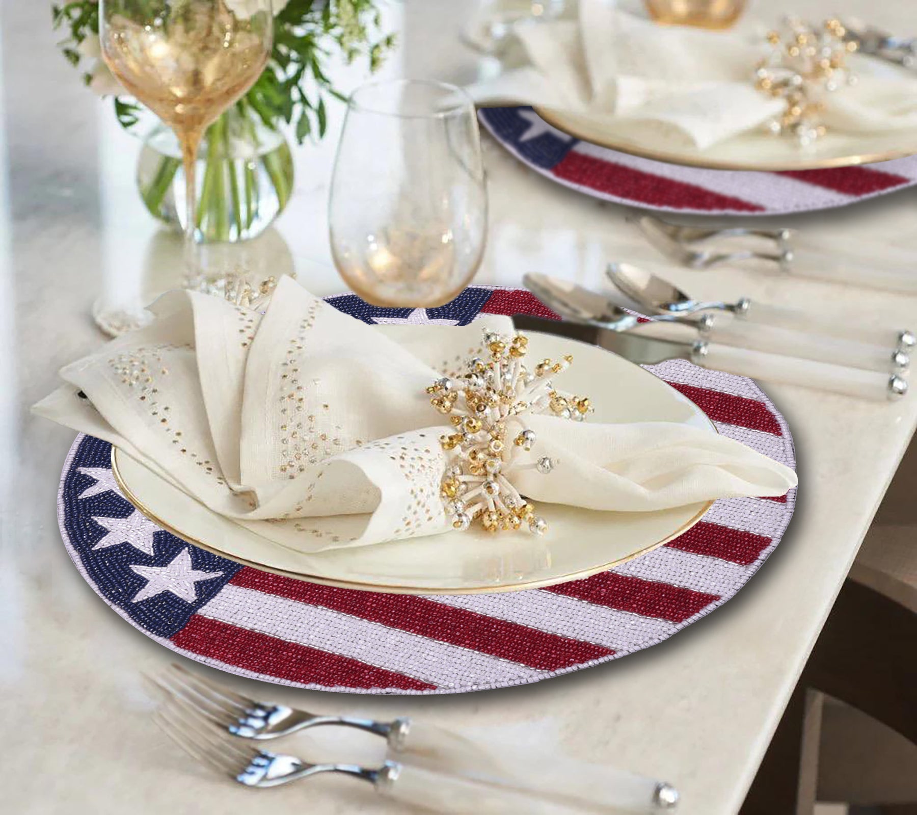 USA Flag Round Beaded Placemats - Set of 2