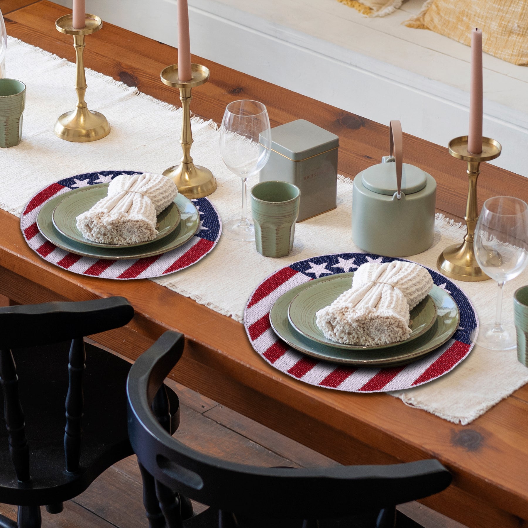 USA Flag Round Beaded Placemats - Set of 2