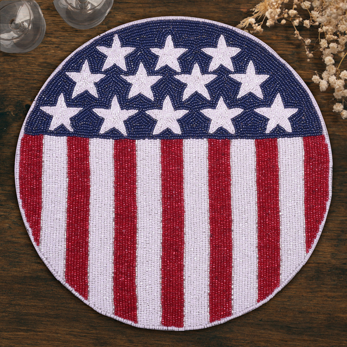 USA Flag Round Beaded Placemats - Set of 2