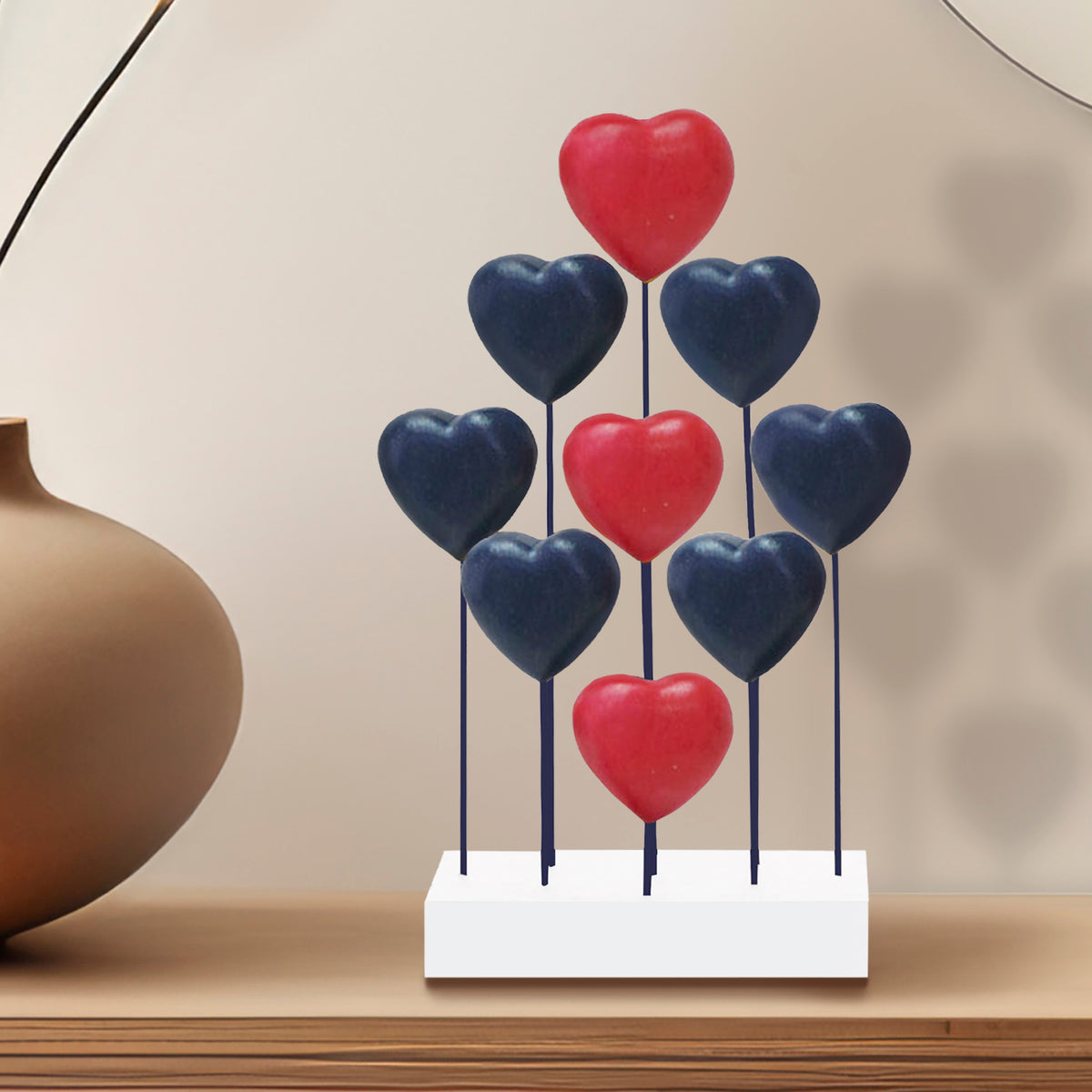 Red Blue White USA Flag Hearts Handmade Wooden Sculpture