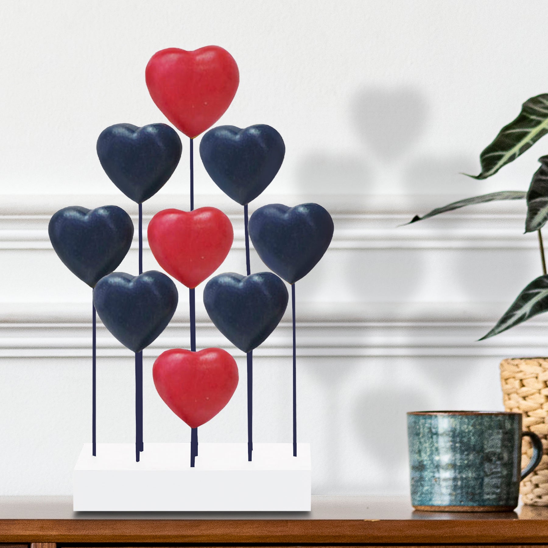 Red Blue White USA Flag Hearts Handmade Wooden Sculpture