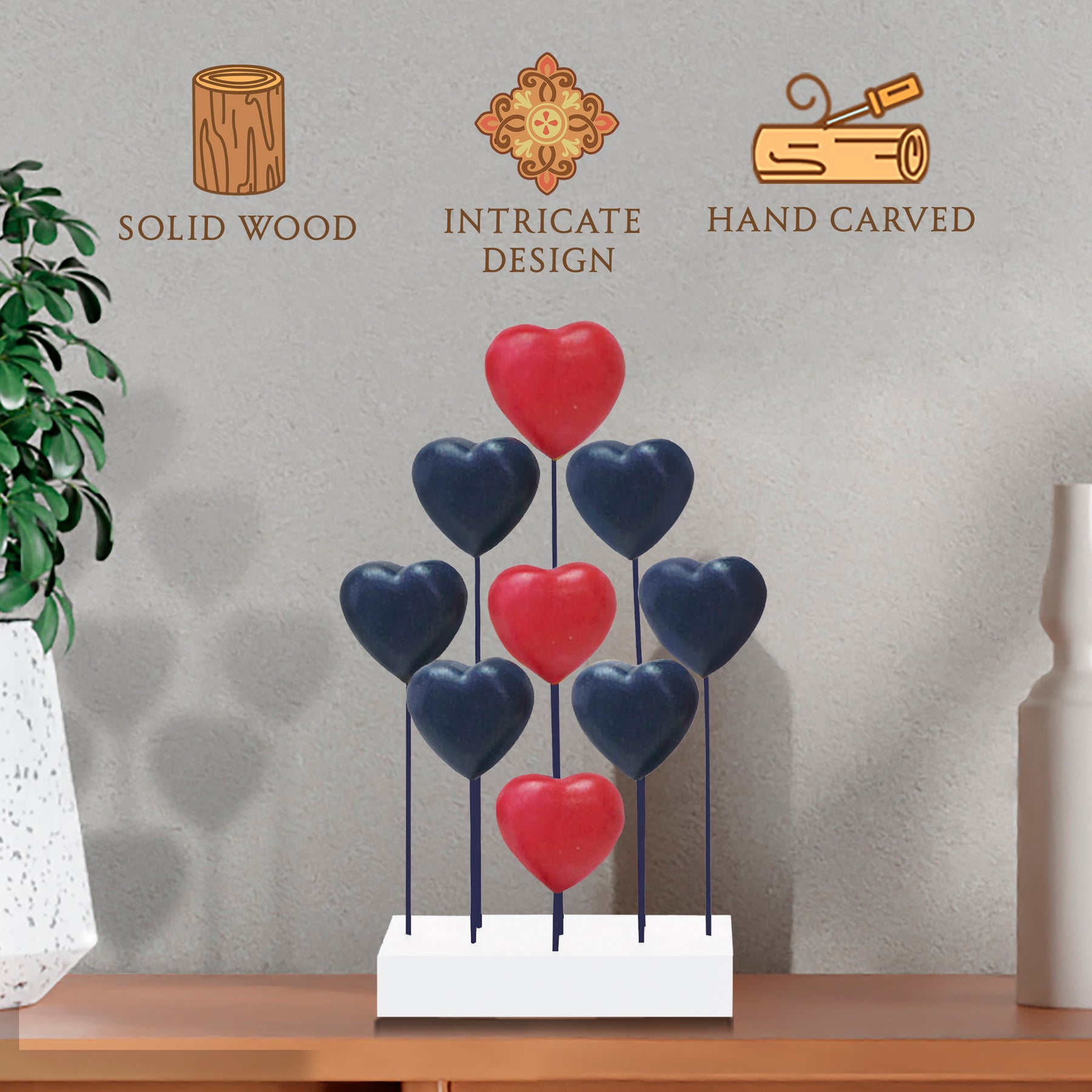 Red Blue White USA Flag Hearts Handmade Wooden Sculpture