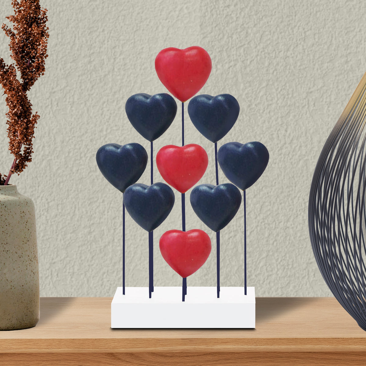 Red Blue White USA Flag Hearts Handmade Wooden Sculpture