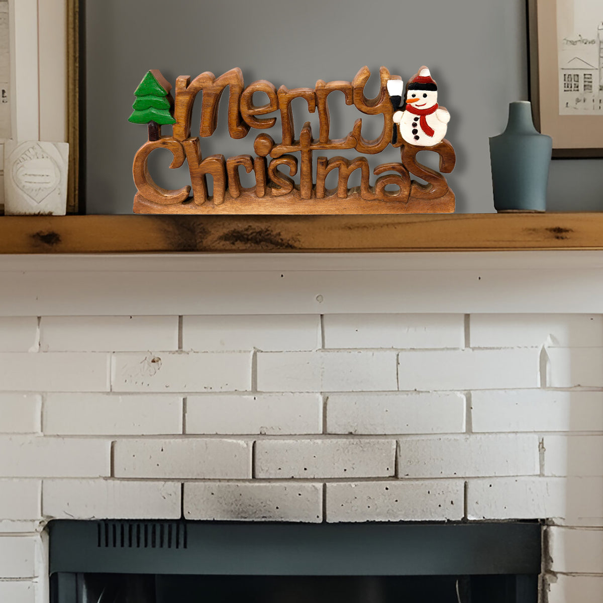 Merry Christmas Handmade Wooden Sculpture