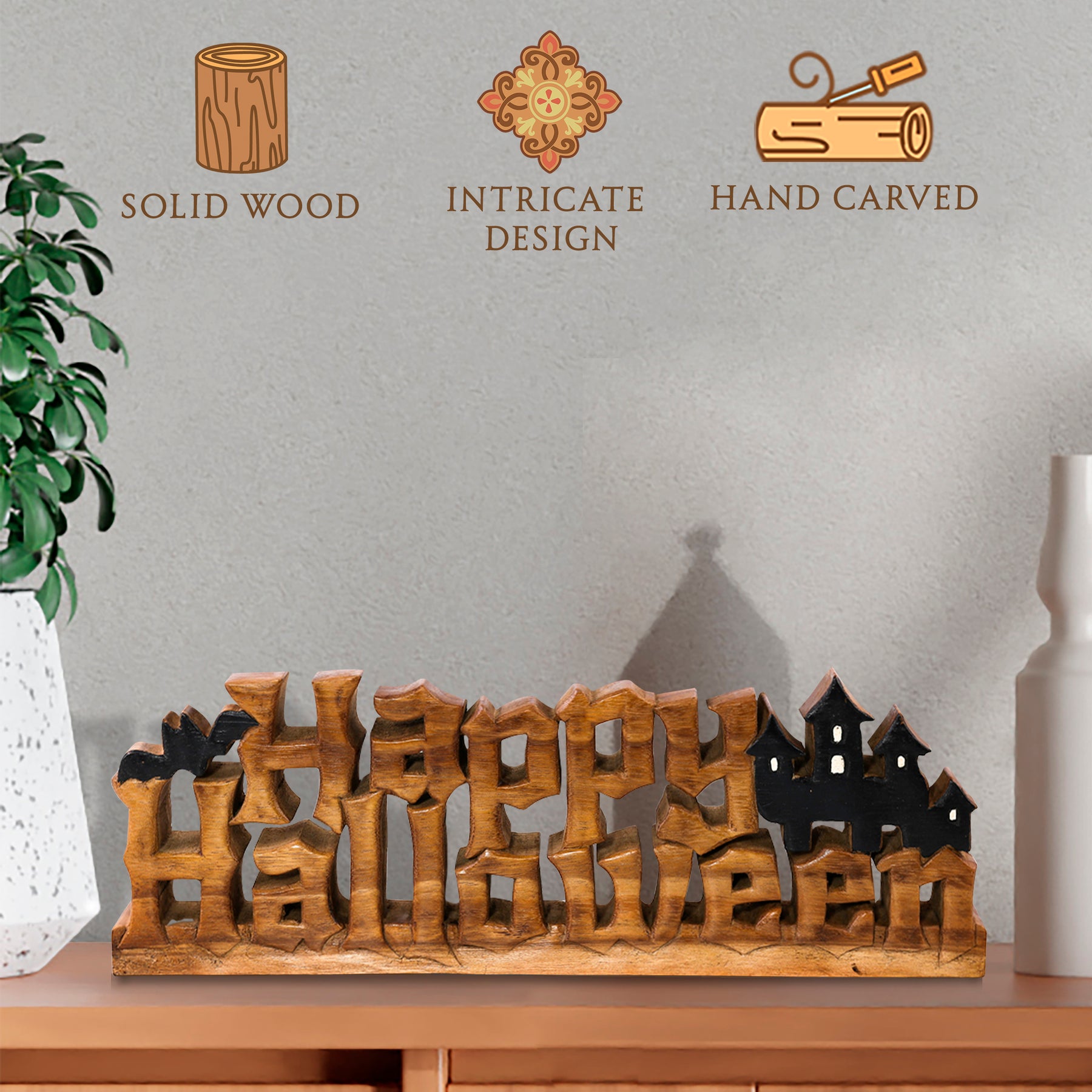 Happy Halloween Handmade Wooden Sculpture