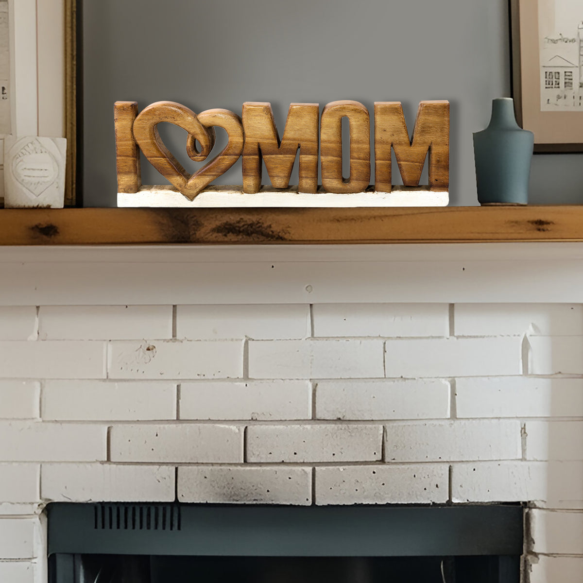 I Love Mom Handmade Wooden Sculpture