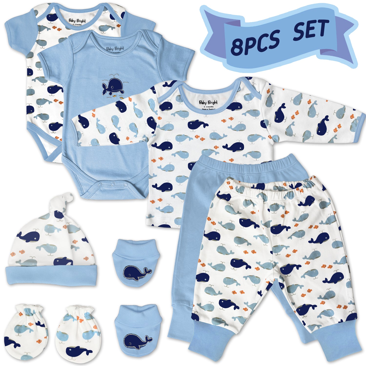 Newborn Outfit Boy - Baby Boy Outfits Essentials Layette 8 Pieces Set - Ideal New Baby Boy Gift for New Mom - Baby Boys Clothes 0-3 Months Infant Boy Outfits - Stylish and Cute Newborn Boy Outfits - Sky Blue And White