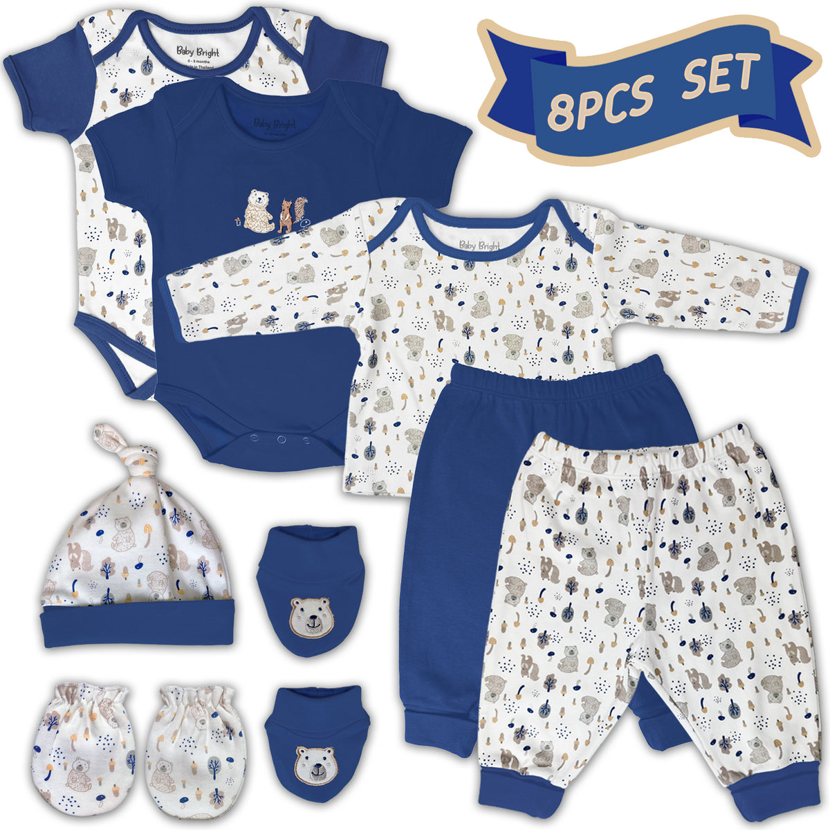 Newborn Outfit Boy - Baby Boy Outfits Essentials Layette 8 Pieces Set - Ideal New Baby Boy Gift for New Mom - Baby Boys Clothes 0-3 Months Infant Boy Outfits - Stylish and Cute Newborn Boy Outfits - Blue And Cream