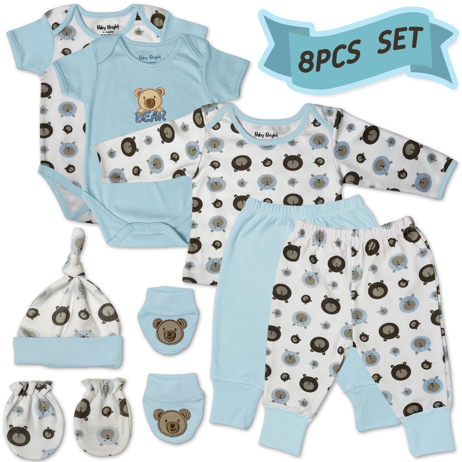 Newborn Outfit Boy - Baby Boy Outfits Essentials Layette 8 Pieces Set - Ideal New Baby Boy Gift for New Mom - Baby Boys Clothes 0-3 Months Infant Boy Outfits - Stylish and Cute Newborn Boy Outfits - Sky Blue And White