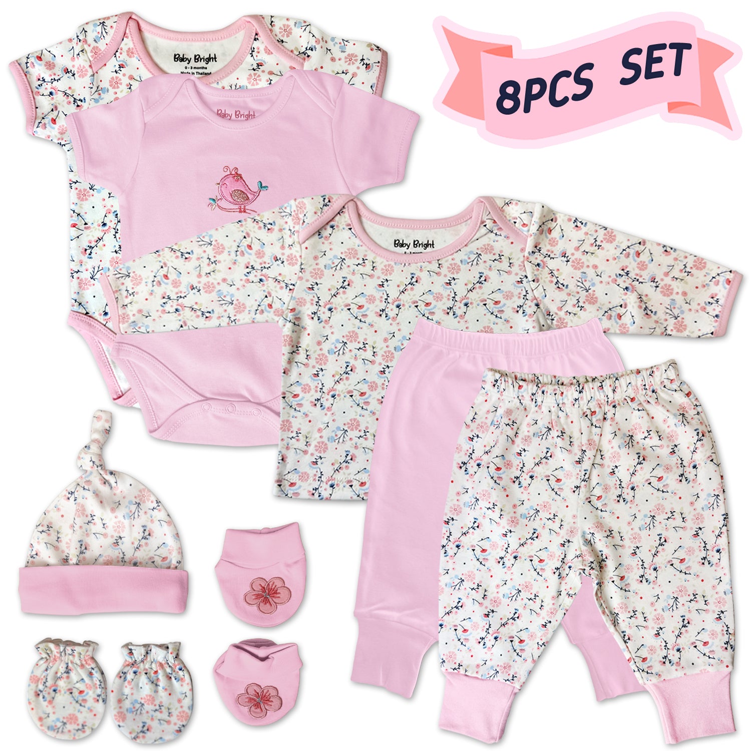 Baby Clothes - Baby Bright 8 Piece Layette Newborn Girl Outfits Set - Includes Bodysuits, Bib, Hat - Soft Cotton Baby Girl Clothes 0-3 Months, Ideal Baby Girl Gifts, Comfortable & Stylish, Pink