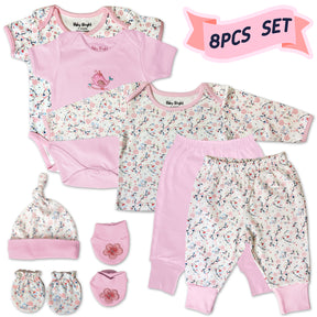 Baby Clothes - Baby Bright 8 Piece Layette Newborn Girl Outfits Set - Includes Bodysuits, Bib, Hat - Soft Cotton Baby Girl Clothes 0-3 Months, Ideal Baby Girl Gifts, Comfortable & Stylish, Pink