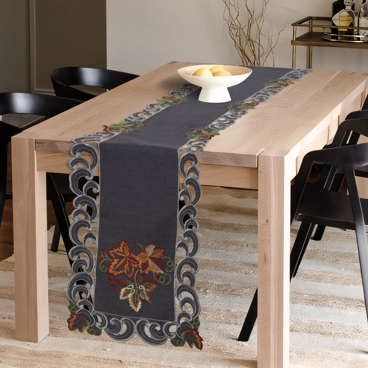 Decozen Charcoal Gray Table Runner - Dresser Scarf European Embroidery - Perfect for Kitchen Dining Room Home Decor Wedding Receptions - 14 x 108 inches - The Charcoal Fleur Collection