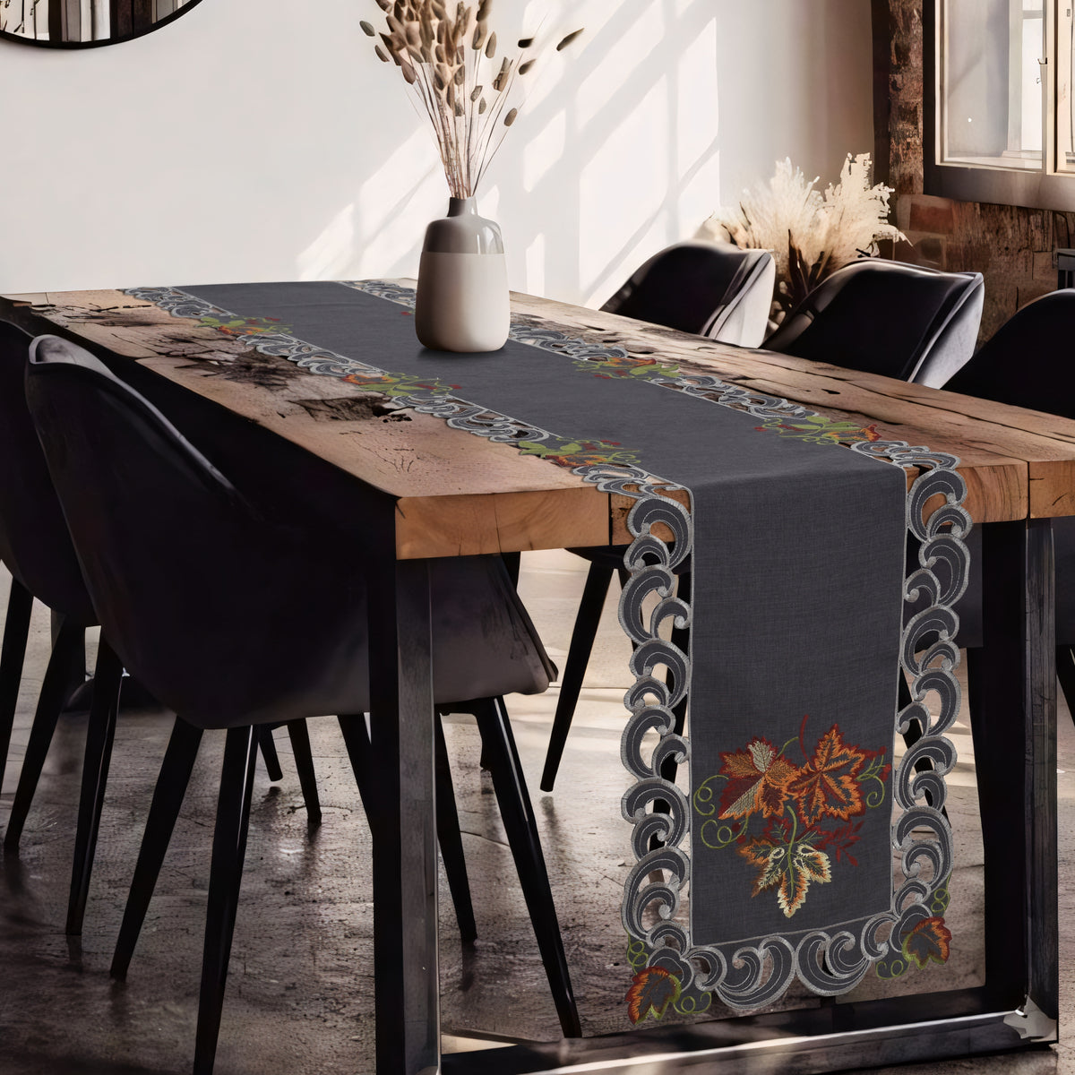 Decozen Charcoal Gray Table Runner - Dresser Scarf European Embroidery - Perfect for Kitchen Dining Room Home Decor Wedding Receptions - 14 x 108 inches - The Charcoal Fleur Collection