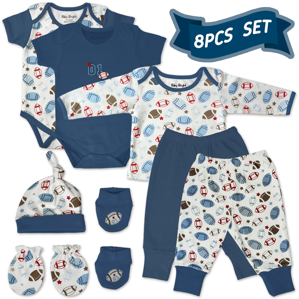 Newborn Outfit Boy - Baby Boy Outfits Essentials Layette 8 Pieces Set - Ideal New Baby Boy Gift for New Mom - Baby Boys Clothes 0-3 Months Infant Boy Outfits - Stylish and Cute Newborn Boy Outfits - Dark Blue And White