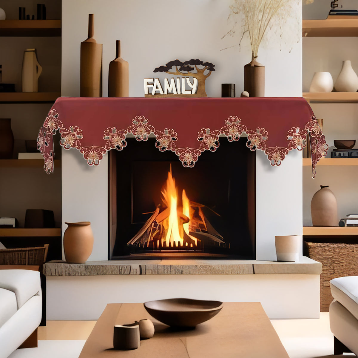 Decozen Gold Lace Red Mantel Scarf Cover - Intricate Cutouts Embroidery for Fireplace Kitchen Dining Room Home Decor - 18 x 90 inches - The Imperial Red Collection