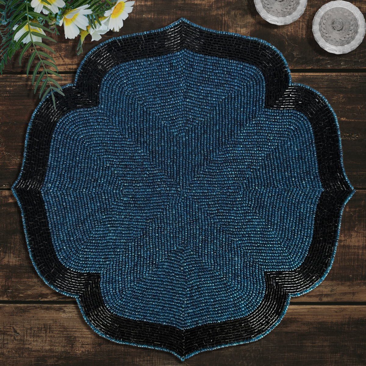 Decozen Teal and Black Beaded Placemats for Dining Table - Set of 4-14 Inches for Kitchen Decor Scratch Heat Resistant Charger Durable Tablemats