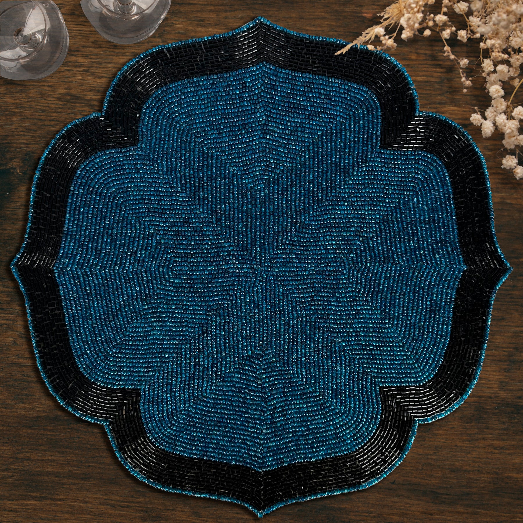 Decozen Teal and Black Beaded Placemats for Dining Table - Set of 2-14 Inches for Kitchen Decor Scratch Heat Resistant Charger Durable Tablemats