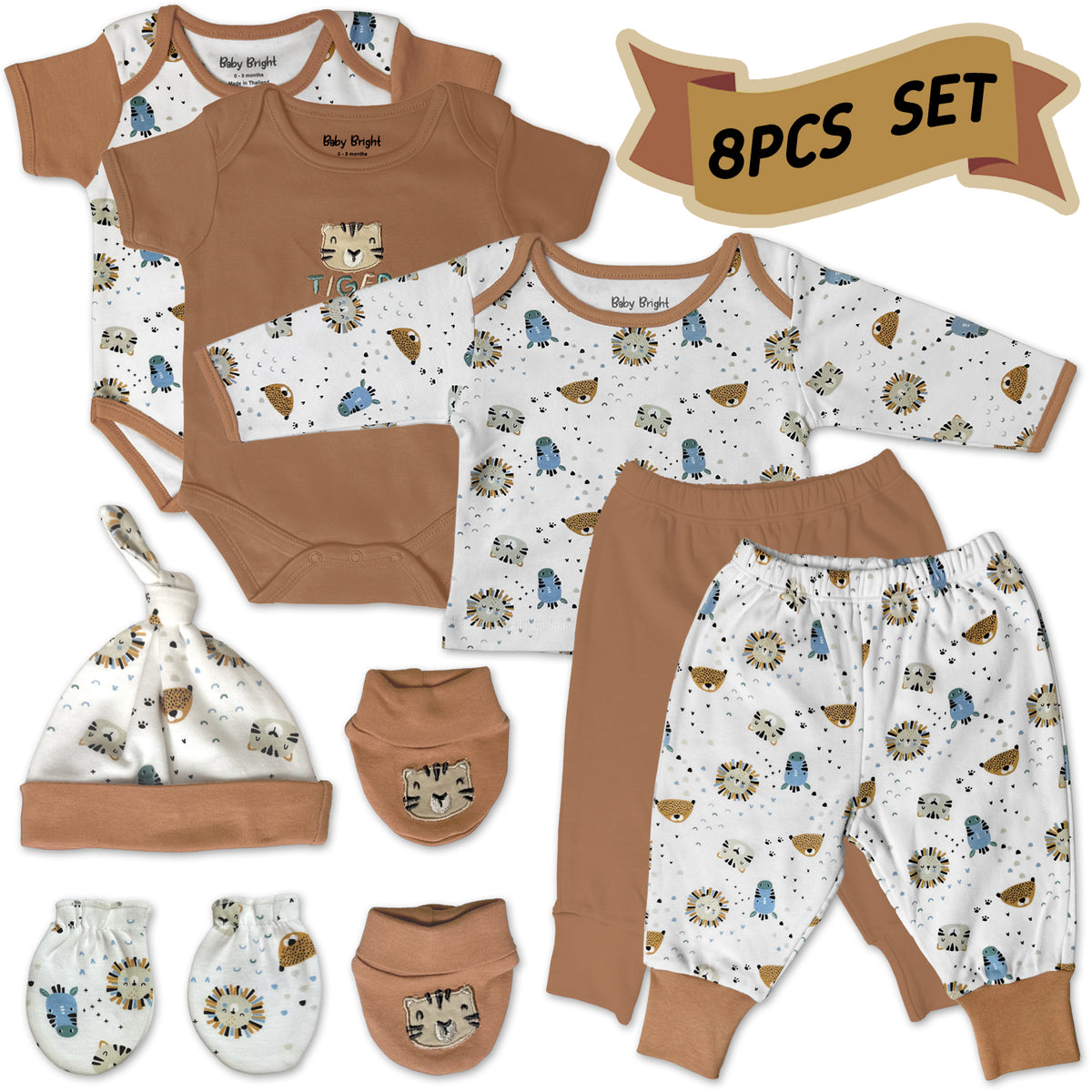 Newborn Outfit Boy - Baby Boy Outfits Essentials Layette 8 Pieces Set - Ideal New Baby Boy Gift for New Mom - Baby Boys Clothes 0-3 Months Infant Boy Outfits - Stylish and Cute Newborn Boy Outfits - Light Brown And Cream