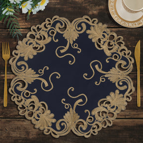 Decozen Gold Lace Blue Doilies Set of 4 - Round Placemats European Embroidery for Dining Table Home Decor Wedding - 15 inches - The Vintage Opulence Collection