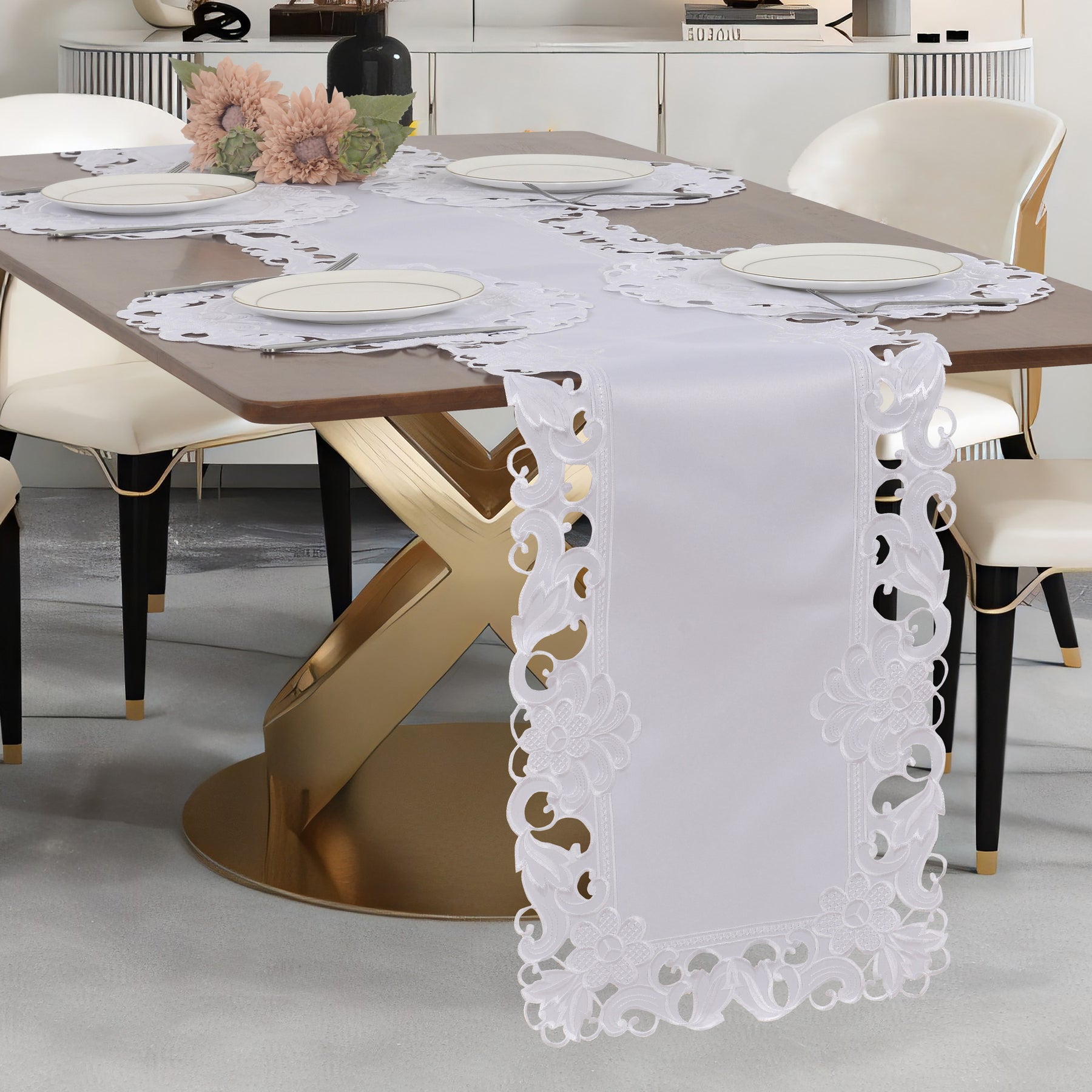 Decozen White Table Runner - Dresser Scarf European Embroidery - Perfect for Kitchen Dining Room Home Decor Wedding Receptions - 14 x 108 inches - The Snow Blossom Collection