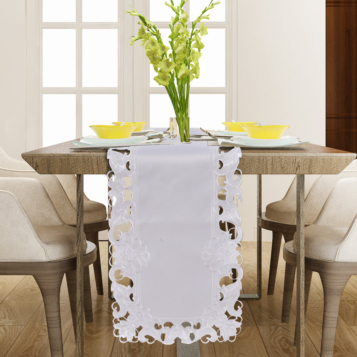 Decozen White Table Runner - Dresser Scarf European Embroidery - Perfect for Kitchen Dining Room Home Decor Wedding Receptions - 14 x 108 inches - The Snow Blossom Collection