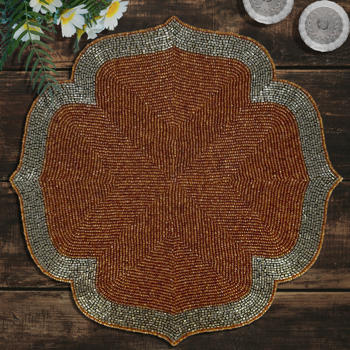 Decozen Burnt Orange and Silver Beaded Placemats for Dining Table - Set of 8-14 Inches for Kitchen Decor Scratch Heat Resistant Charger Durable Tablemats