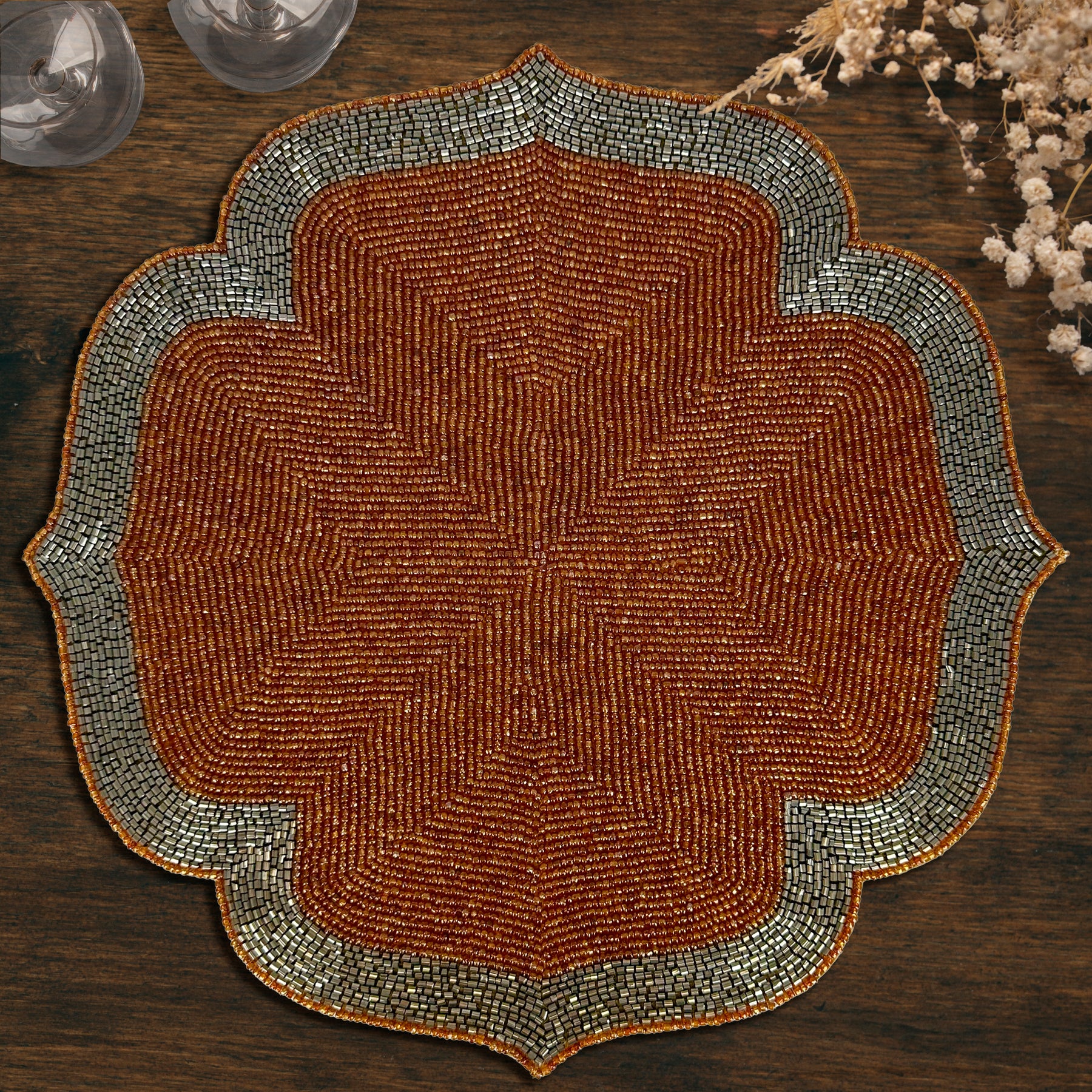 Decozen Burnt Orange and Silver Beaded Placemats for Dining Table - Set of 2-14 Inches for Kitchen Decor Scratch Heat Resistant Charger Durable Tablemats