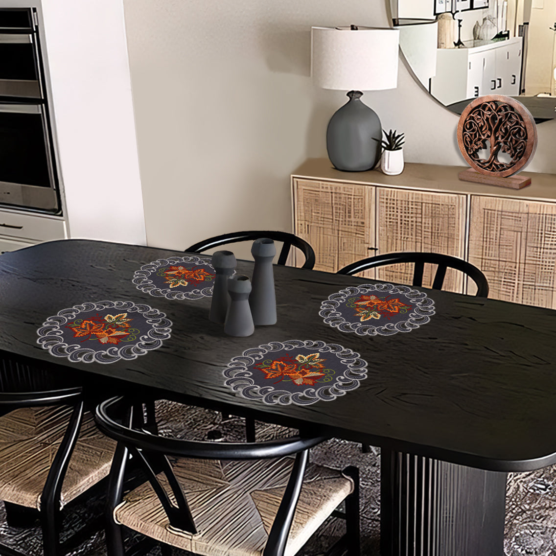 Decozen Charcoal Gray Doilies Set of 4 - Round Placemats European Embroidery for Dining Table Home Decor Wedding - 15 inches - The Charcoal Fleur Collection