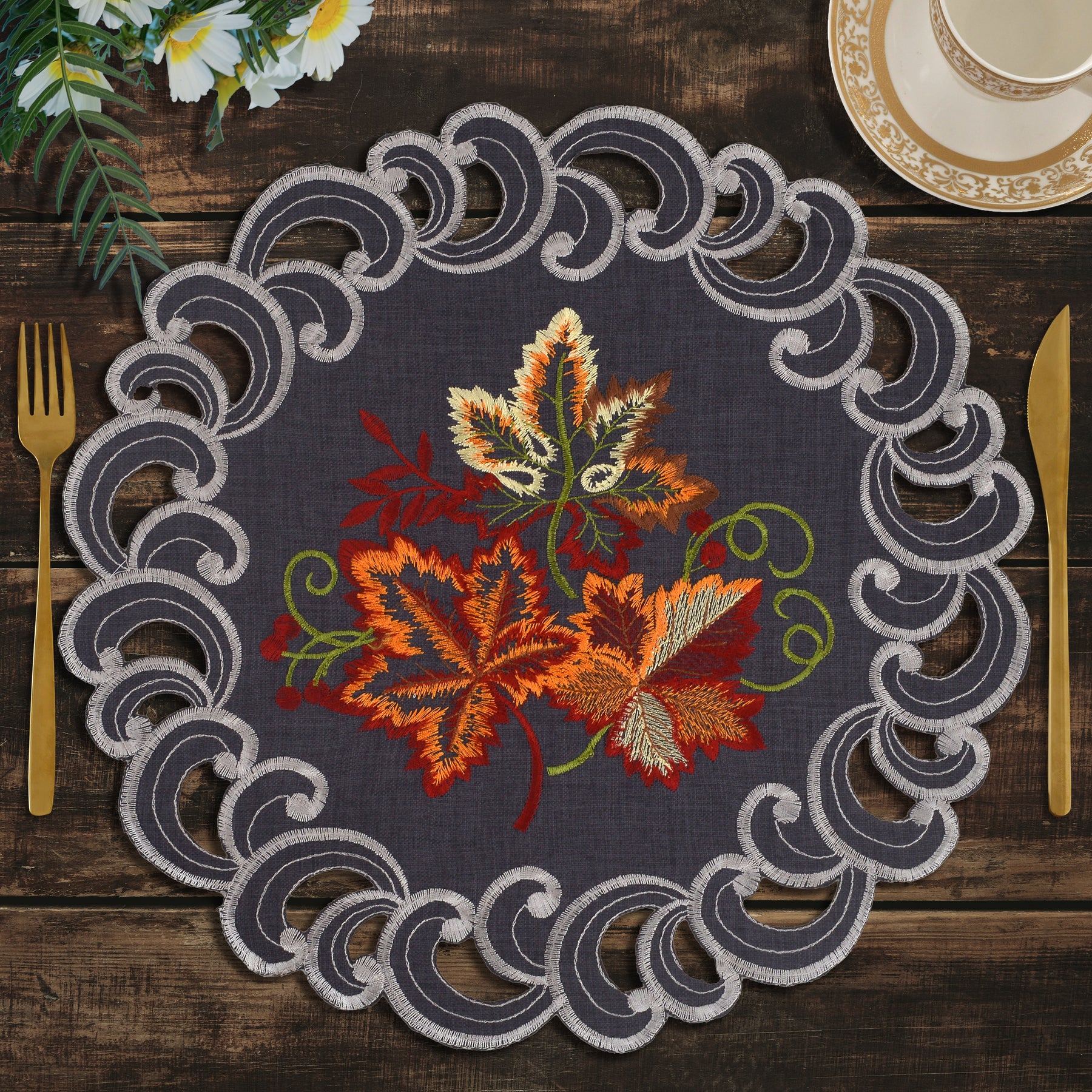 Decozen Charcoal Gray Doilies Set of 4 - Round Placemats European Embroidery for Dining Table Home Decor Wedding - 15 inches - The Charcoal Fleur Collection