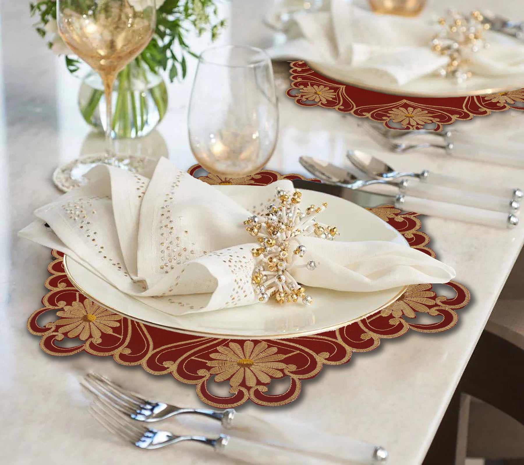 Decozen Gold Lace Red Doilies Set of 4 - Round Placemats European Embroidery for Dining Table Home Decor Wedding - 15 inches - The Imperial Red Collection