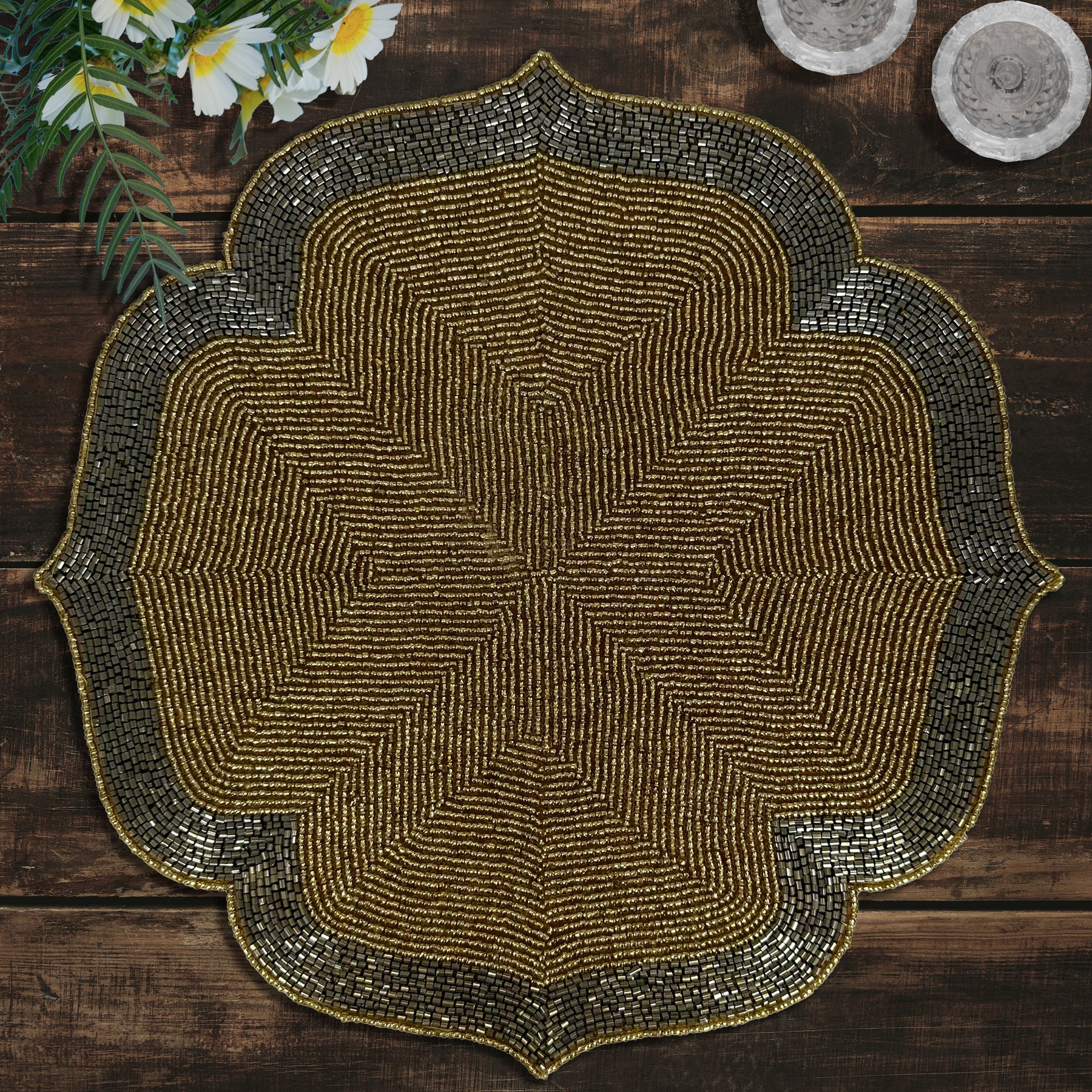 Decozen Golden and Silver Beaded Placemats for Dining Table - Set of 2-14 Inches for Kitchen Decor Scratch Heat Resistant Charger Durable Tablemats