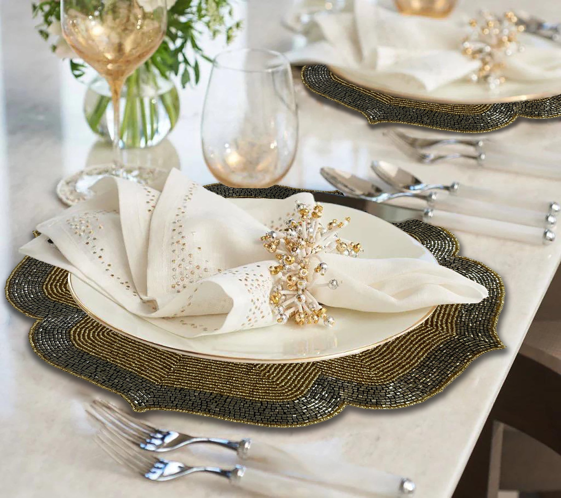 Decozen Golden and Silver Beaded Placemats for Dining Table - Set of 2-14 Inches for Kitchen Decor Scratch Heat Resistant Charger Durable Tablemats