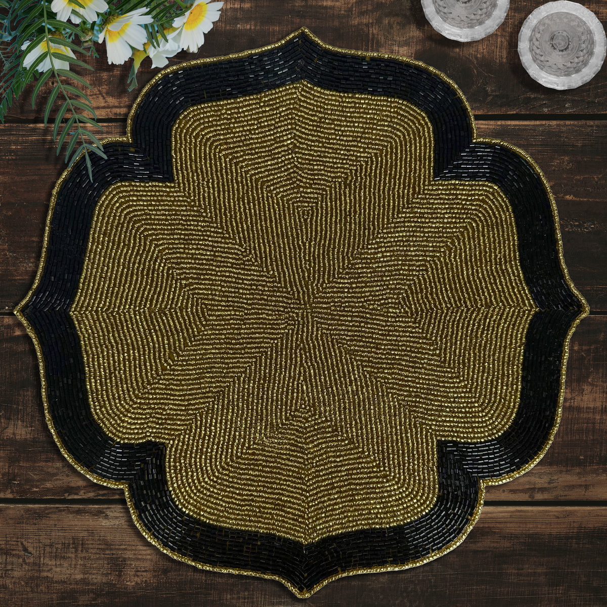 Decozen Golden and Black Beaded Placemats for Dining Table - Set of 8-14 Inches for Kitchen Decor Scratch Heat Resistant Charger Durable Tablemats