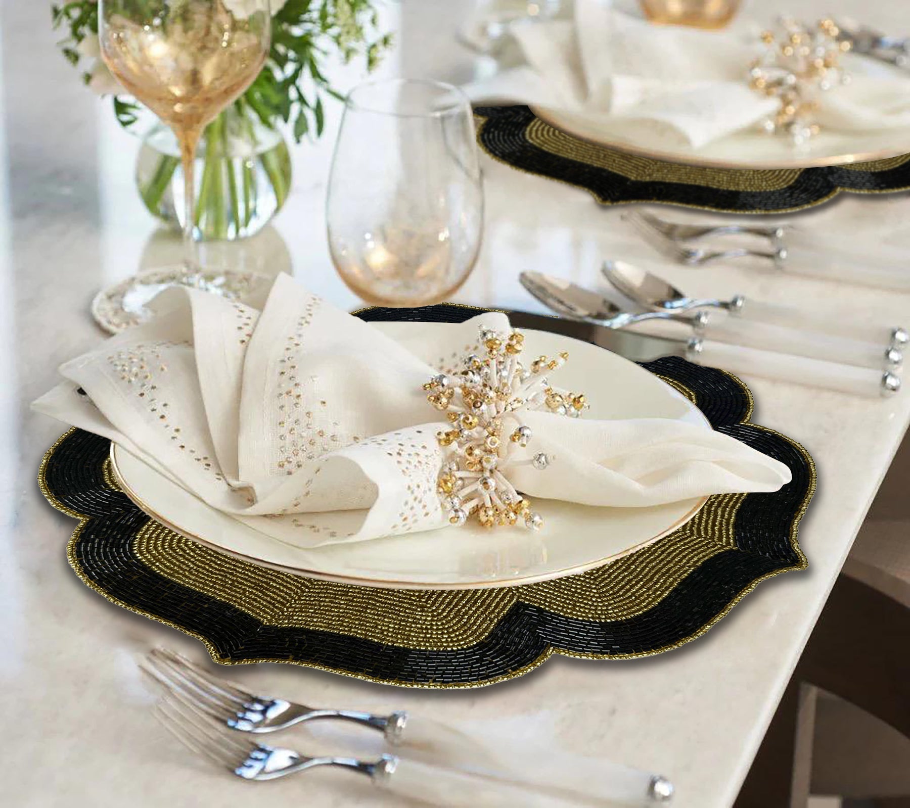 Decozen Golden and Black Beaded Placemats for Dining Table - Set of 2-14 Inches for Kitchen Decor Scratch Heat Resistant Charger Durable Tablemats