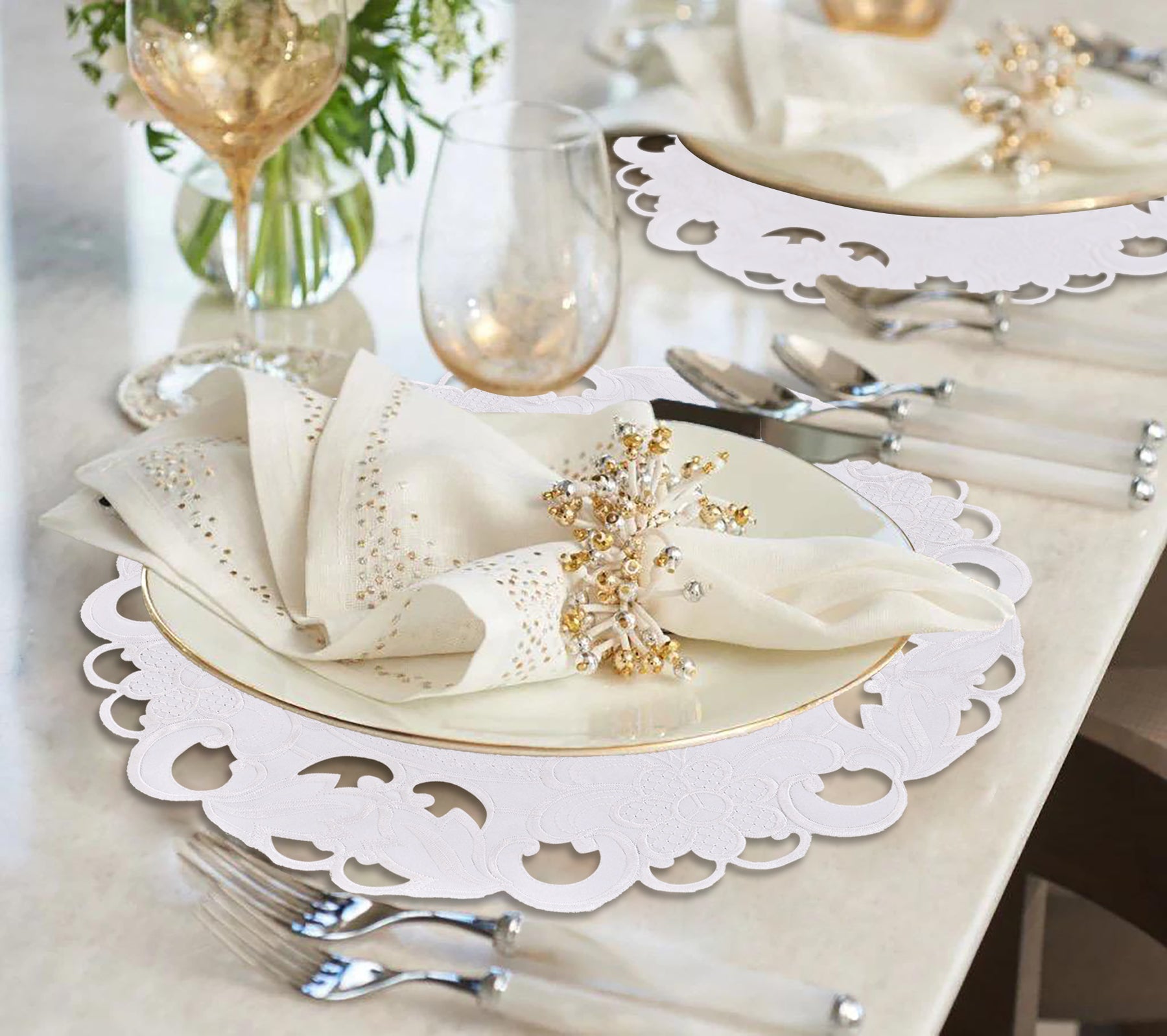 Decozen White Doilies Set of 4 - Round Placemats European Embroidery for Dining Table Home Decor Wedding - 15 inches - The Snow Blossom Collection