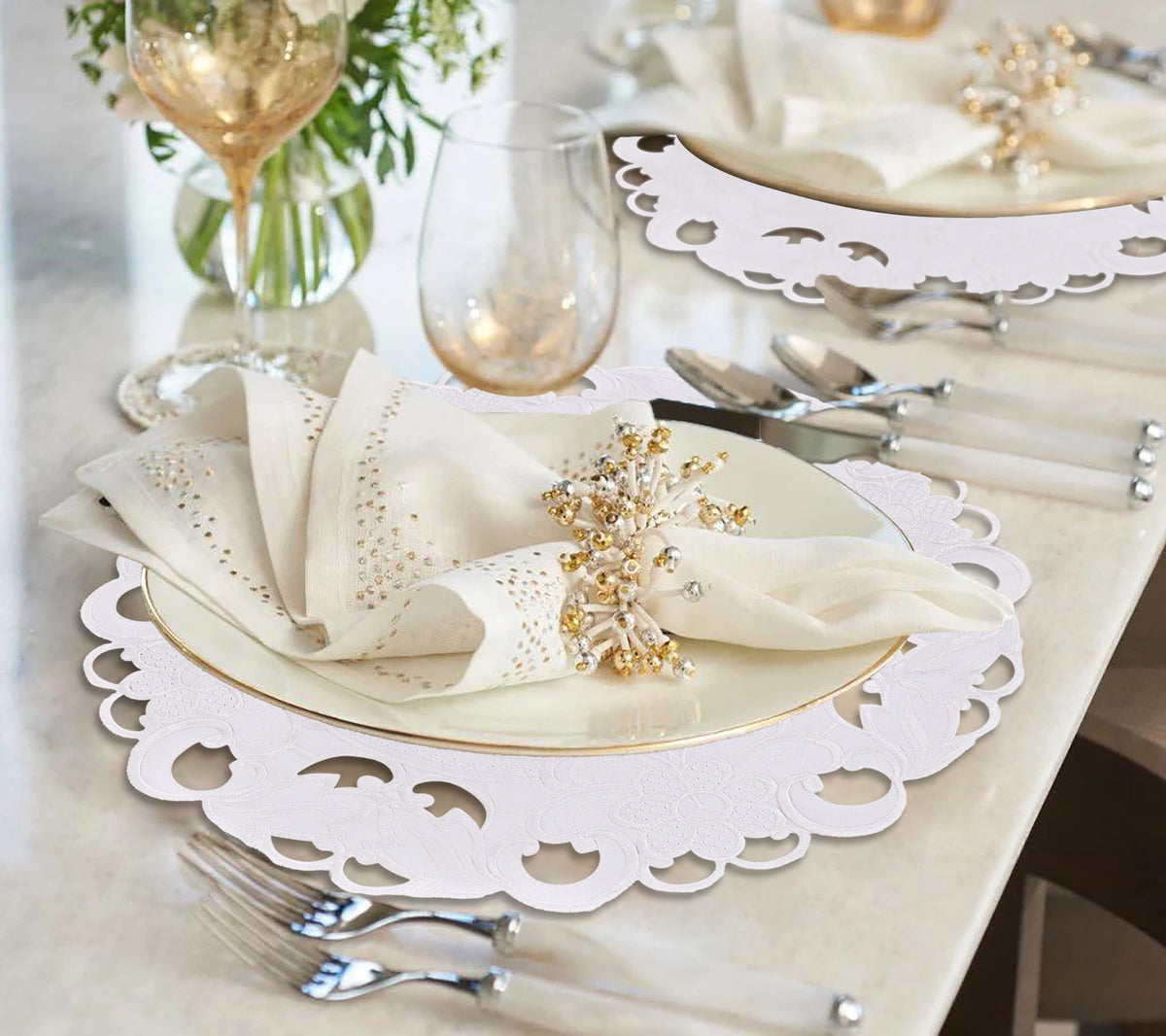 Decozen White Doilies Set of 8 - Round Placemats European Embroidery for Dining Table Home Decor Wedding - 15 inches - The Snow Blossom Collection