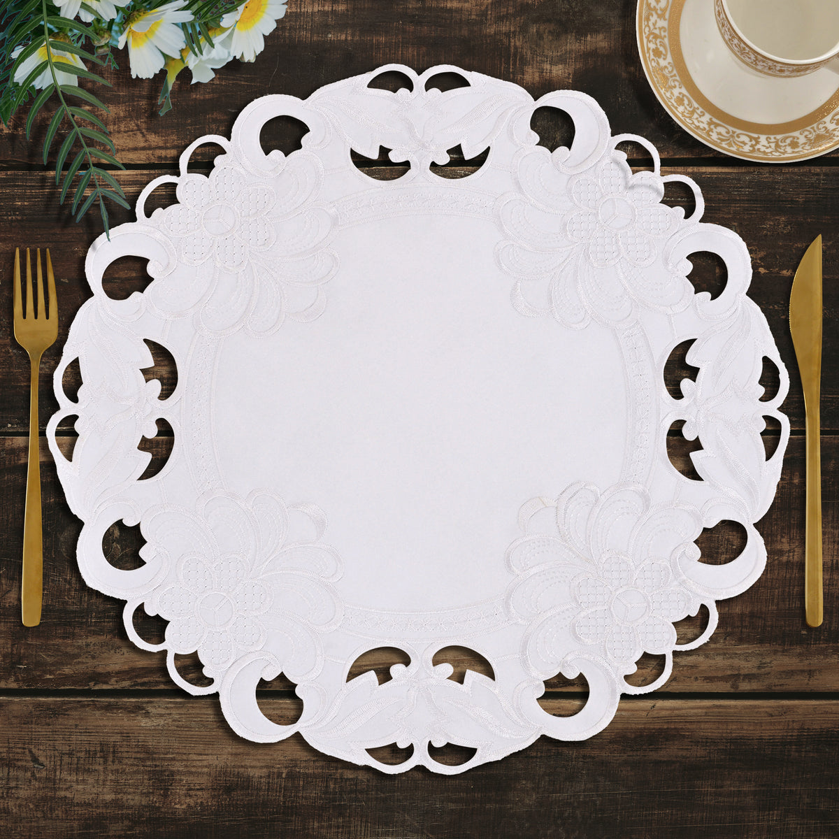 Decozen White Doilies Set of 12 - Round Placemats European Embroidery for Dining Table Home Decor Wedding - 15 inches - The Snow Blossom Collection