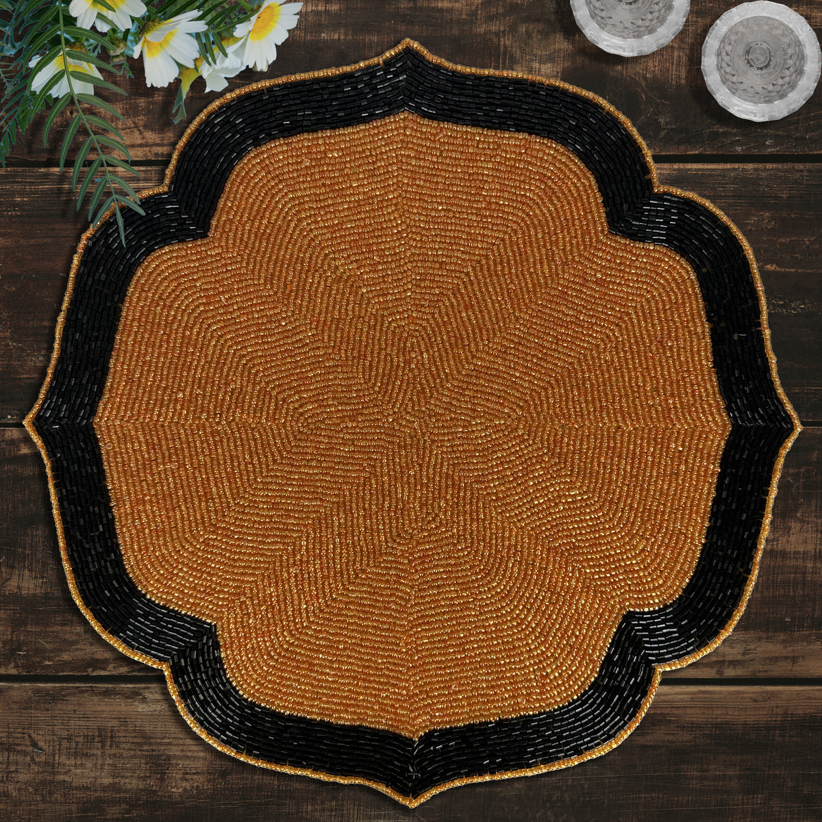 Decozen Warm Copper and Black Beaded Placemats for Dining Table - Set of 6-14 Inches for Kitchen Decor Scratch Heat Resistant Charger Durable Tablemats