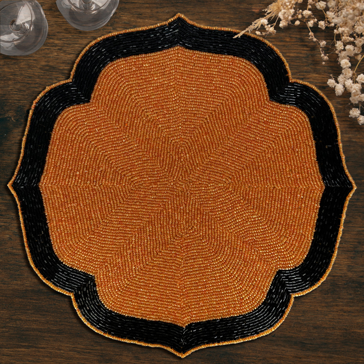 Decozen Warm Copper and Black Beaded Placemats for Dining Table - Set of 2-14 Inches for Kitchen Decor Scratch Heat Resistant Charger Durable Tablemats